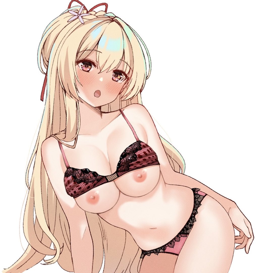 1girl :o amairo_islenauts bare_shoulders blonde_hair blush bra bra_lift breasts breasts_out cleavage commentary_request cowboy_shot curvy floral_print flower hair_between_eyes hair_flower hair_intakes hair_ornament hair_over_shoulder hair_ribbon head_tilt heart heart-shaped_pupils large_breasts lingerie long_hair looking_at_viewer navel nipples open_mouth panties pink_bra pink_flower pink_panties print_bra red_eyes red_ribbon ribbon rose_print shirley_warwick short_ponytail simple_background solo straight_hair symbol-shaped_pupils tft_(tft7822) tsurime underwear underwear_only very_long_hair white_background