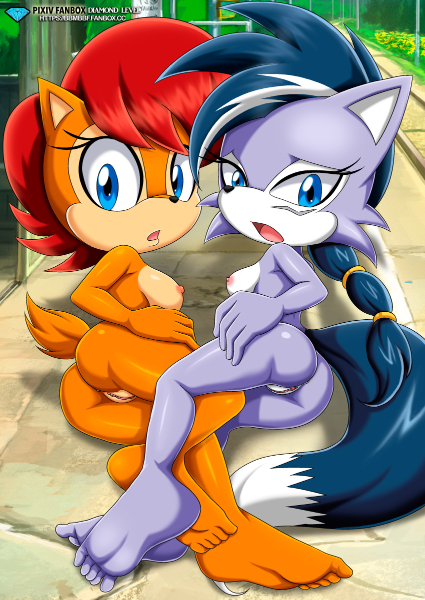 2girls animal_ears ass barefoot bbmbbf black_hair blue_eyes breasts brown_hair feet furry furry_female lupe_the_wolf medium_breasts mobius_unleashed multiple_girls nipples palcomix pussy sally_acorn soles sonic_(series) tail take_your_pick toes