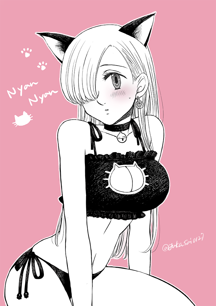 animal_ears bell between_legs blush bra breasts cat_cutout cat_ears cat_lingerie choker cinderella_bust cleavage cleavage_cutout clothing_cutout collarbone earrings elizabeth_liones frilled_bra frills hair_over_one_eye hand_between_legs harumiya jewelry large_breasts limited_palette long_hair looking_at_viewer meme_attire nanatsu_no_taizai neck_bell panties parted_lips pink_background side-tie_panties solo straight_hair sweatdrop underwear very_long_hair