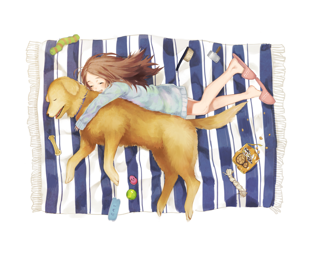 1girl :d animal ball bare_legs brown_hair brush closed_eyes dog dog_biscuit female_focus hug hug_from_behind labrador_retriever long_hair lying mimizubare no_pants on_side open_mouth original pet_food rug sleeping slippers smile snack solo striped sweater toy