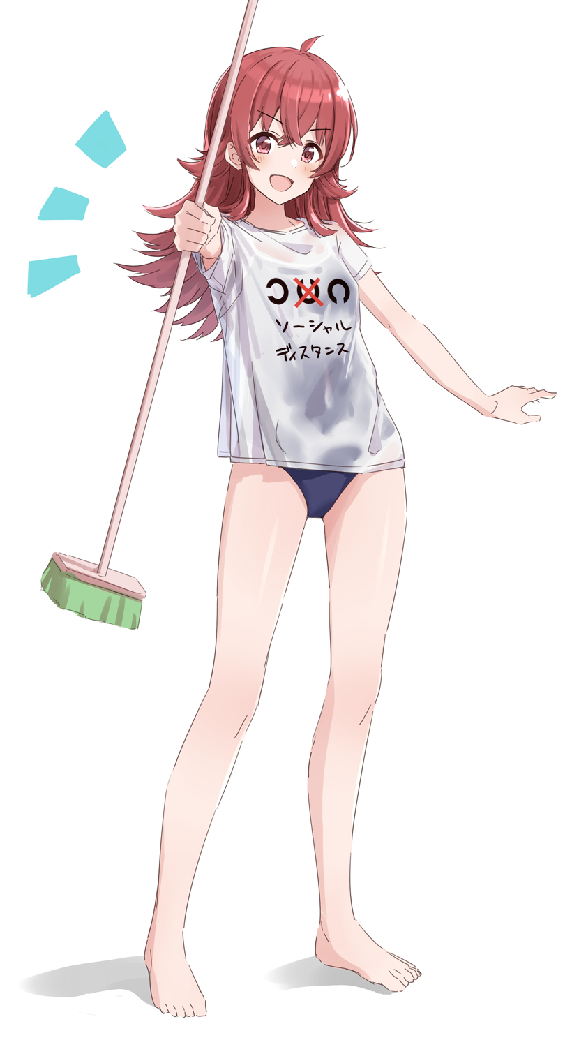 1girl ahoge barefoot blue_one-piece_swimsuit blush breasts cleaning_brush dot_nose eye_chart full_body hair_between_eyes hand_up highres holding holding_brush idolmaster idolmaster_shiny_colors komiya_kaho landolt_c long_hair looking_at_viewer one-piece_swimsuit open_mouth outstretched_arm red_eyes red_hair see-through_clothes see-through_shirt shirt short_sleeves simple_background small_breasts smile solo standing suke_(momijigari) swimsuit t-shirt v-shaped_eyebrows wet wet_clothes wet_shirt white_background white_shirt