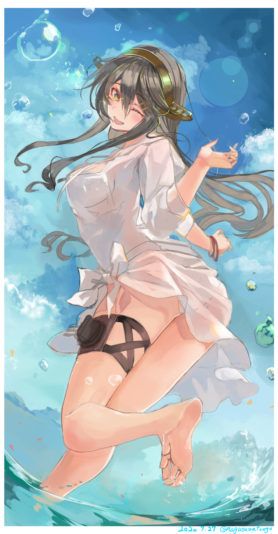 1girl barefoot black_hair blush breasts dress feet hair_ornament hairband hairclip haruna_(kancolle) headgear highres in_water kantai_collection long_hair nagasawa_tougo one_eye_closed open_mouth panties see-through_clothes smile solo thigh_strap underwear wading white_dress white_panties