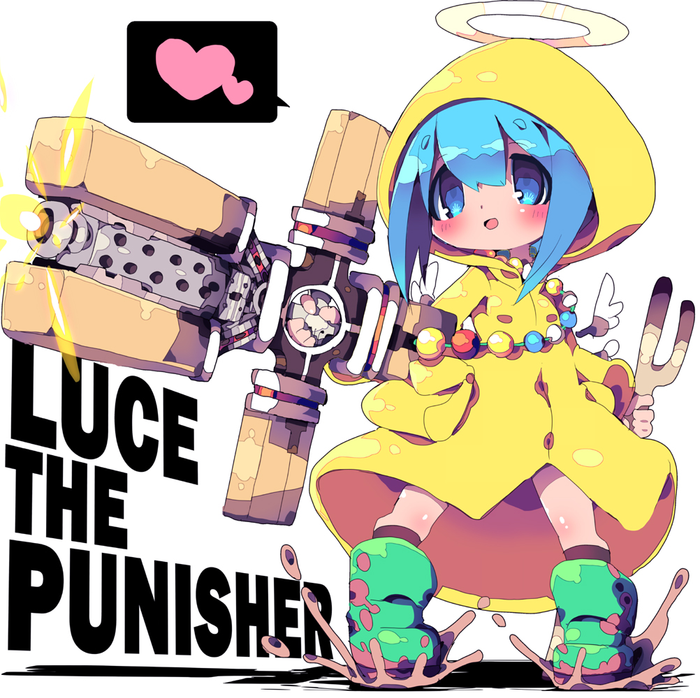 1girl :d bead_necklace beads blue_eyes blue_hair blush boots cane commentary cross dangomushi dirty_footwear english_text firing full_body green_footwear gun halo heart holding holding_cane holding_weapon jewelry jubilee_2025 latin_cross long_sleeves luce_(jubilee_2025) necklace open_mouth raincoat rubber_boots short_hair simple_background smile solo speech_bubble spoken_heart standing weapon white_background white_wings wings yellow_halo yellow_raincoat