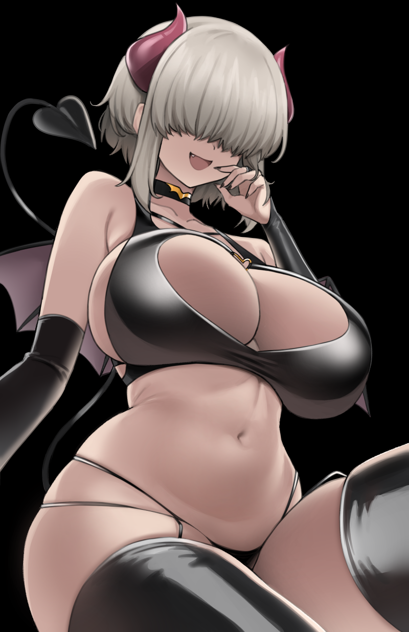 1girl bare_shoulders bikini black_background black_bikini black_nails blush breasts commentary covered_eyes curled_horns curvy demon_girl demon_horns demon_tail demon_wings elbow_gloves fingerless_gloves fingernails gloves grey_hair hair_over_eyes heart heart_o-ring highres horns large_breasts latex latex_gloves latex_legwear latex_thighhighs long_bangs long_fingernails looking_at_viewer multi-strapped_bikini_bottom nago_purin navel number-only_commentary open_mouth simple_background sitting smile solo stomach string_bikini swimsuit tail thighhighs uzaki-chan_wa_asobitai! uzaki_yanagi wings