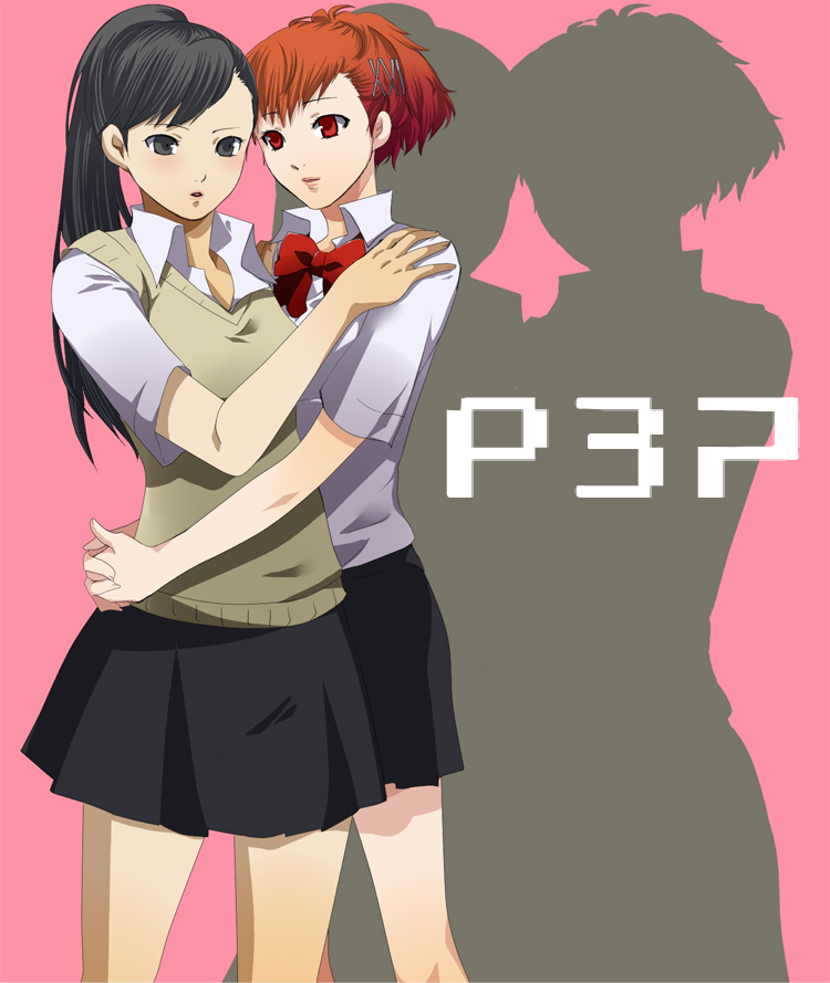 2girls amamomo atlus bow brown_hair hair_ornament hug iwasaki_rio multiple_girls persona persona_3 persona_3_portable ponytail red_eyes ribbon school_uniform shiomi_kotone simple_background yuri