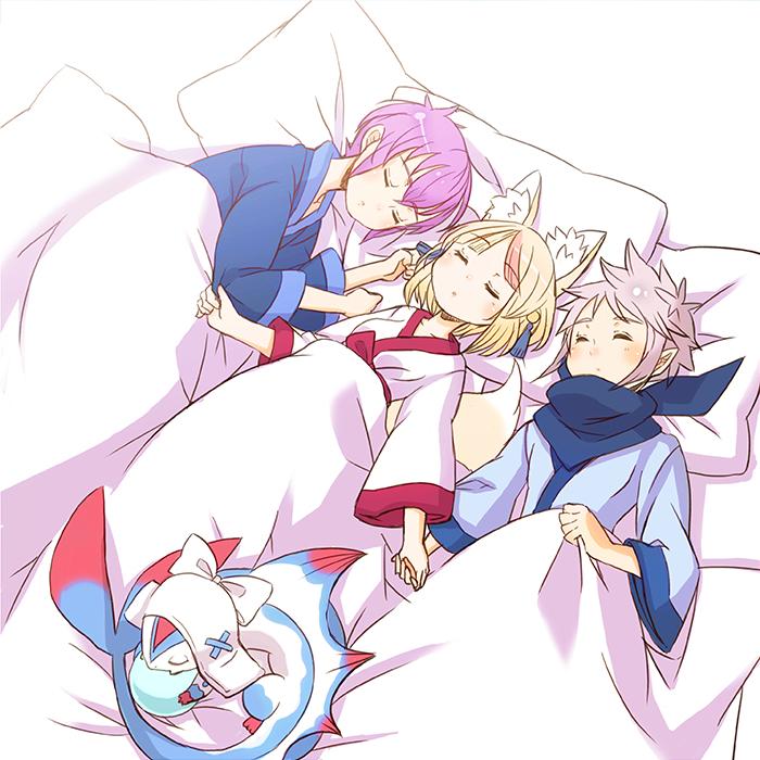 1boy 3girls animal_ears closed_eyes corrin_(female)_(fire_emblem) corrin_(fire_emblem) facing_viewer family fire_emblem fire_emblem_fates fox_ears fox_girl kana_(fire_emblem) kana_(male)_(fire_emblem) lilith_(fire_emblem) morimaiko multiple_girls nintendo selkie_(fire_emblem) sleeping