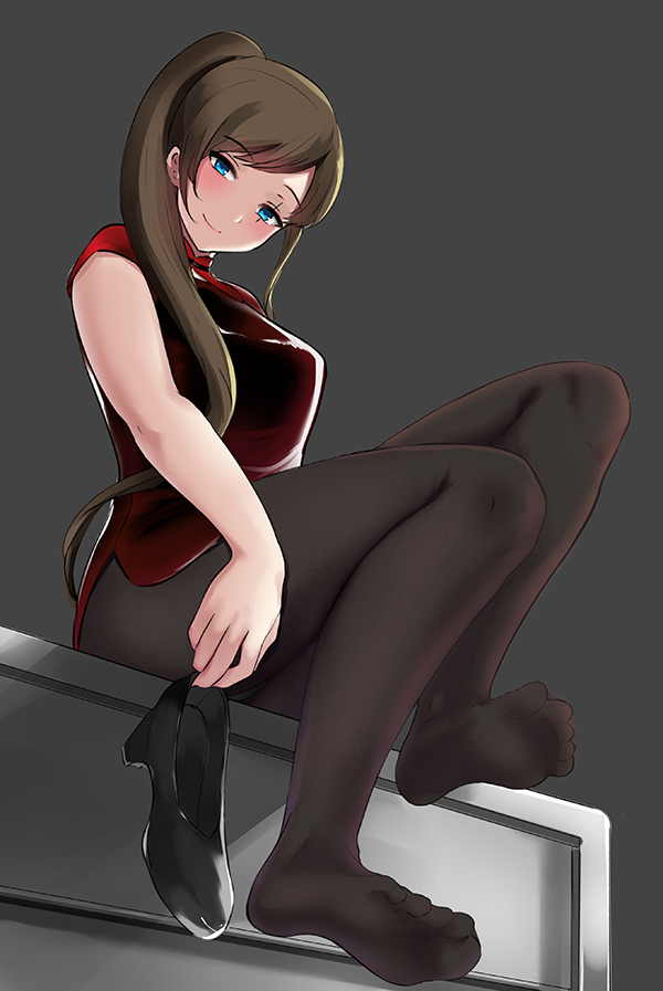 1girl blue_eyes blush brown_hair china_dress chinese_clothes dress feet long_hair looking_at_viewer pantyhose ponytail rose_(tower_of_trample) shoes single_shoe smile soles toes tower_of_trample unworn_shoes yugatakisu