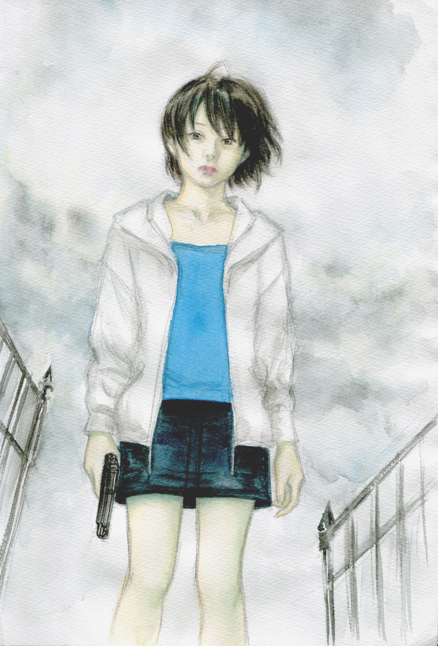 00s 1girl black_hair blue_shirt cloud cloudy_sky collarbone cropped_legs denim denim_skirt female_focus gate gun head_tilt highres holding holding_weapon jacket lips long_sleeves looking_at_viewer looking_down miniskirt noir_(anime) open_clothes open_jacket realistic shirt short_hair skirt sky solo weapon yuumura_kirika