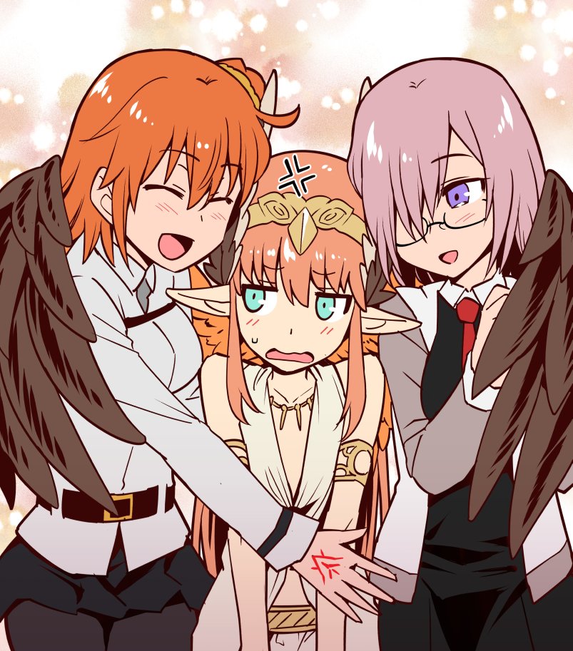 3girls ahoge anger_vein aqua_eyes bare_shoulders blush circe_(fate) command_spell commentary_request closed_eyes fate/grand_order fate_(series) feathered_wings fujimaru_ritsuka_(female) glasses hair_over_one_eye head_wings hug jewelry long_hair looking_at_another mash_kyrielight misao_(kami_no_misoshiru) multiple_girls necklace necktie open_mouth orange_hair pantyhose pink_hair pointy_ears purple_eyes scrunchie short_hair sweat wing_hug wings