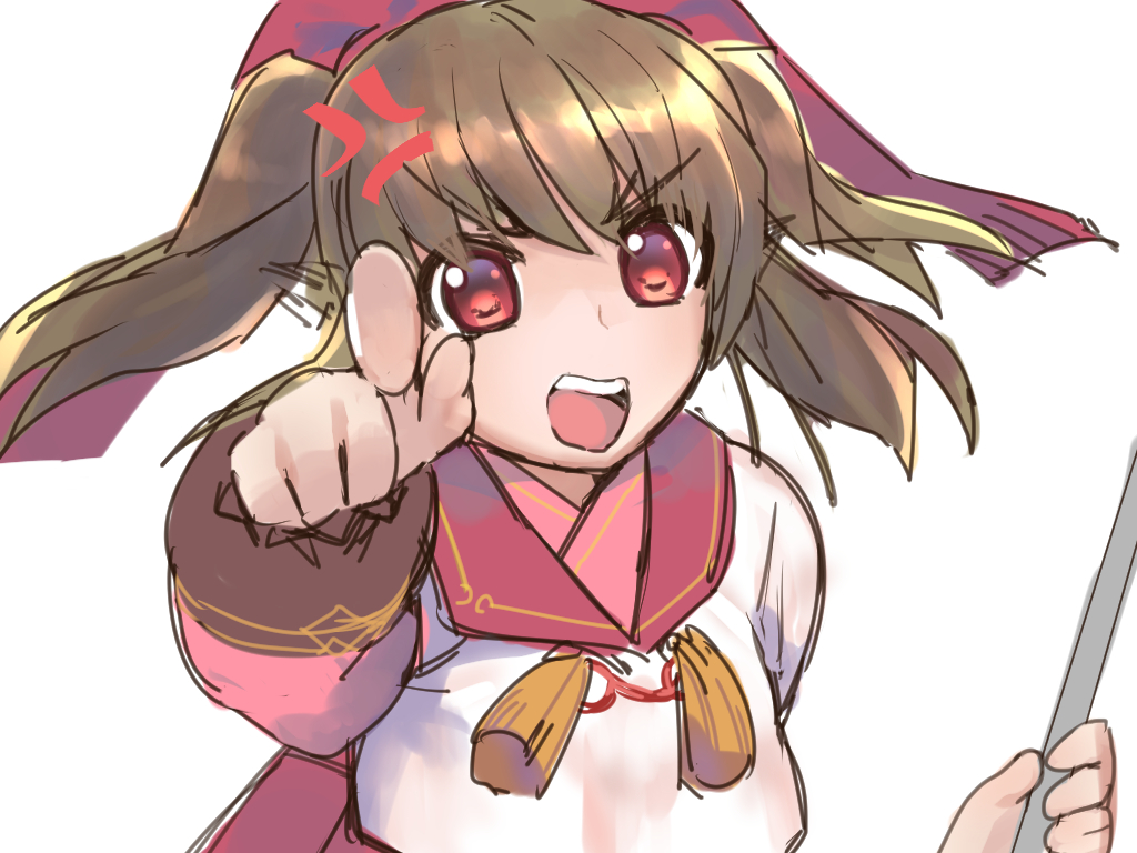 1girl aquaplus brown_hair long_hair long_sleeves looking_at_viewer micon_hnhn nekone_(utawarerumono) open_mouth pointing pointing_at_viewer red_eyes sidelocks solo teeth tongue twintails upper_body utawarerumono utawarerumono:_itsuwari_no_kamen