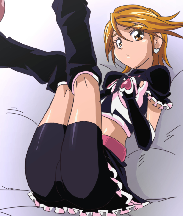 10s 1girl 2013 ass bed_sheet cure_black earrings futari_wa_precure jewelry legs_up looking_at_viewer lying magical_girl matching_hair/eyes midriff misumi_nagisa oimanji on_back orange_eyes orange_hair precure short_hair solo thighs