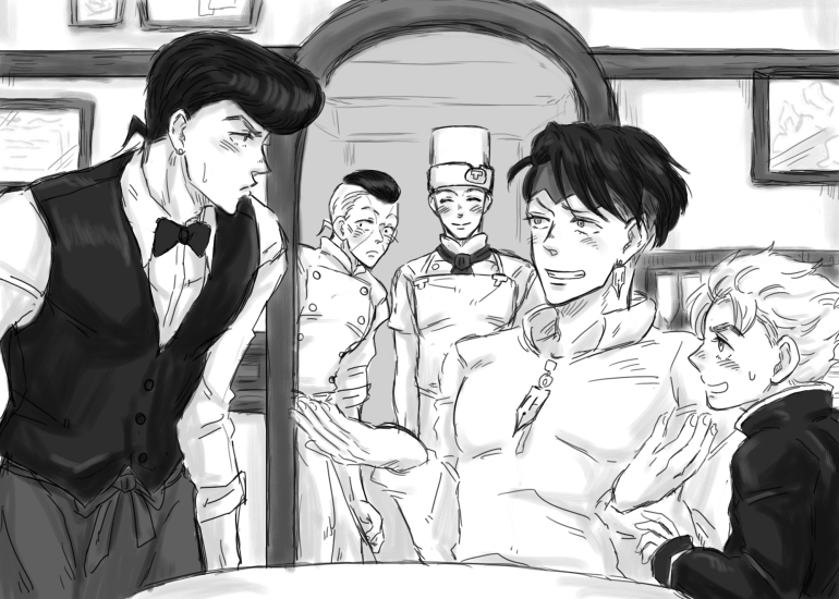 5boys bad_id bad_pixiv_id black_hair blonde_hair chef earrings gakuran greyscale hat headband height_difference higashikata_josuke hirose_koichi jewelry jojo_no_kimyou_na_bouken kishibe_rohan monochrome multiple_boys necktie nijimura_okuyasu open_mouth pompadour saketaraba school_uniform shaketaraba short_hair sitting smile smirk sweatdrop tonio_trussardi vest waiter