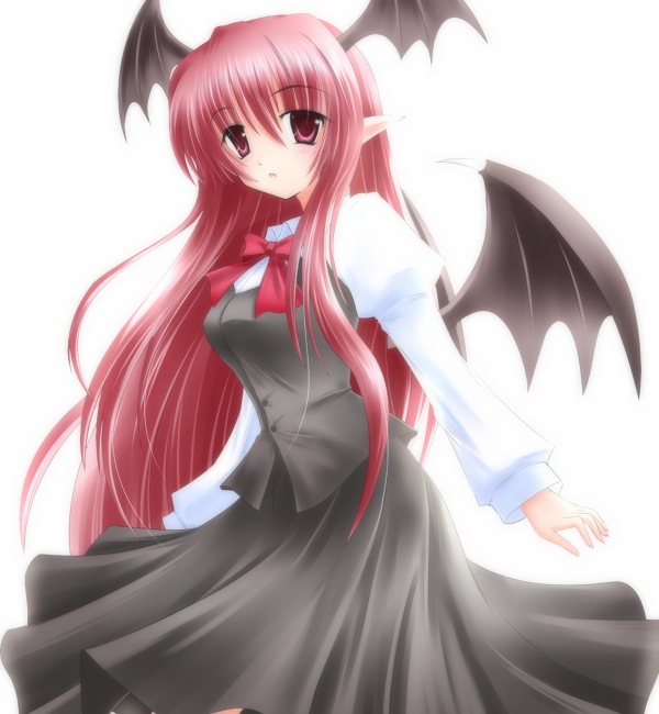 1girl bat_wings blush bow demon female_focus head_wings koakuma pink_hair pointy_ears shirotsuki_kouta skirt solo embodiment_of_scarlet_devil touhou wings