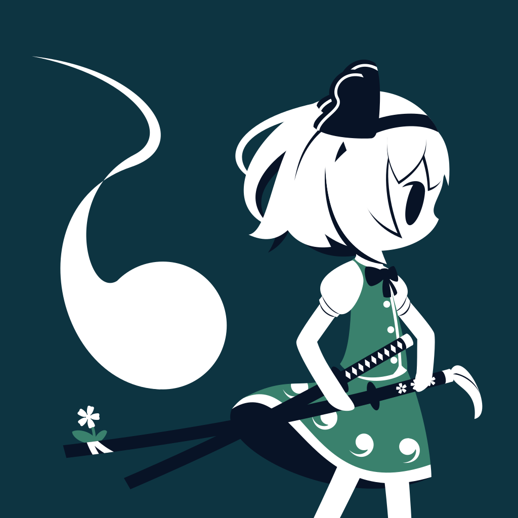 1girl black_bow bow chibi cobalta from_side green_background hairband hand_on_hilt konpaku_youmu konpaku_youmu_(ghost) puffy_short_sleeves puffy_sleeves sheath sheathed short_hair short_sleeves simple_background solo sword touhou weapon white_hair