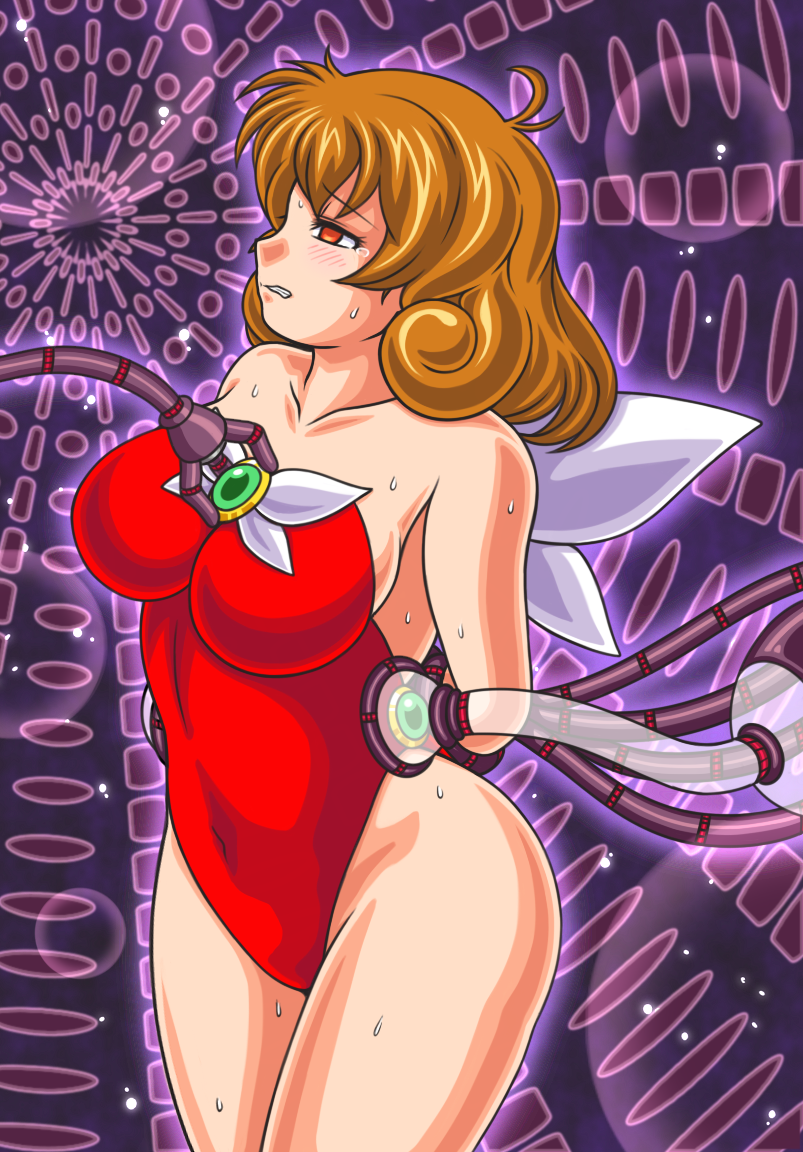 1girl arms_behind_back bdsm breasts brown_eyes brown_hair clenched_teeth closed_mouth corrector_yui cupsoup curly_hair kasuga_yui leotard lightning magical_girl medium_breasts medium_hair navel pain purple_background red_leotard restrained ryona scared solo sweat teeth tentacles tube white_leotard