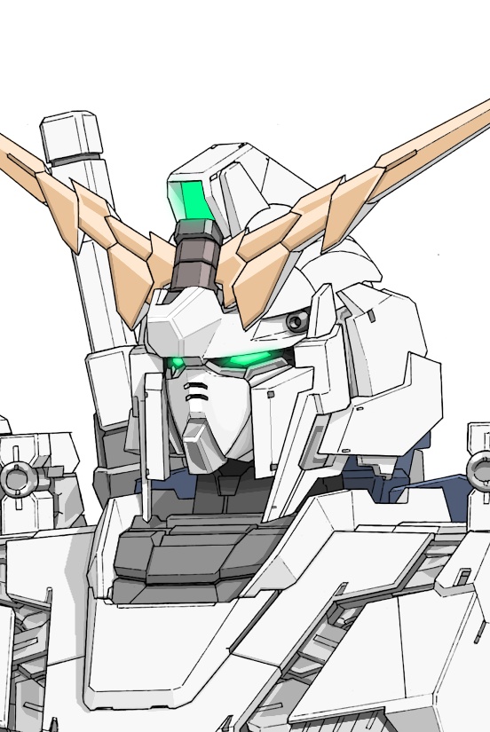 aron_e glowing glowing_eyes green_eyes gundam gundam_unicorn mecha mobile_suit no_humans nt-d portrait robot science_fiction solo unicorn_gundam v-fin white_background