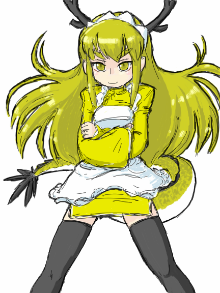 1girl antlers apron artist_request black_horns black_thighhighs blonde_hair closed_mouth crossed_arms dragon_girl dragon_tail dress floating_hair forked_eyebrows futaba_channel horns kouryuu_(nijiura_maids) legs_apart long_hair long_sleeves maid maid_apron maid_headdress nijiura_maids short_dress simple_background smile solo standing tail thick_eyebrows thighhighs third-party_source white_apron white_background yellow_dress yellow_eyes yellow_tail zettai_ryouiki