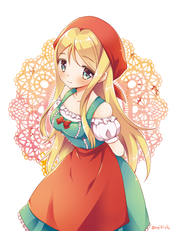 1girl apron aqua_dress arms_behind_back bare_shoulders blonde_hair blue_eyes blush bow breasts closed_mouth dragon_quest dragon_quest_xi dress emma_(dq11) female_focus headscarf kichijou_agata long_hair looking_at_viewer medium_breasts puffy_short_sleeves puffy_sleeves red_apron red_bow short_sleeves smile solo straight_hair very_long_hair waist_apron white_background