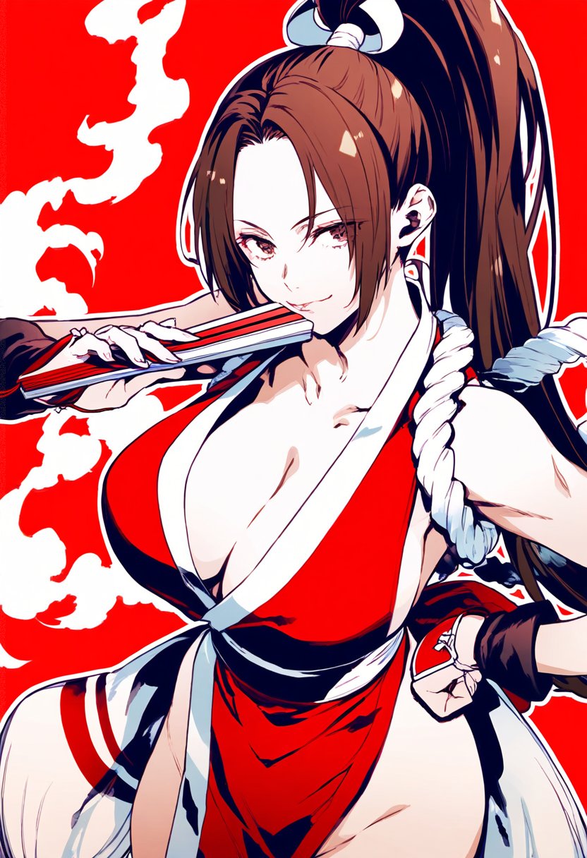 1girl arm_up breasts brown_hair capcom cleavage clenched_hands collarbone cowboy_shot crossover fatal_fury female_focus fingerless_gloves from_above gloves groin guest_character guest_fighter hand_fan hand_on_own_hip highleg highres japanese_clothes large_breasts lips long_hair looking_at_viewer ninja obi open_clothes parted_bangs pelvic_curtain ponytail red_background red_eyes rope sash shiranui_mai simple_background snk solo standing street_fighter street_fighter_6 the_king_of_fighters very_long_hair warotamin3