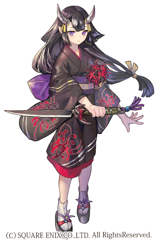 1girl black_hair copyright_notice flower full_body grimms_notes high_heels holding holding_sword holding_weapon horns japanese_clothes kimono kochimo long_hair onihime_(grimms_notes) purple_eyes red_flower sash simple_background socks sword weapon white_background white_socks