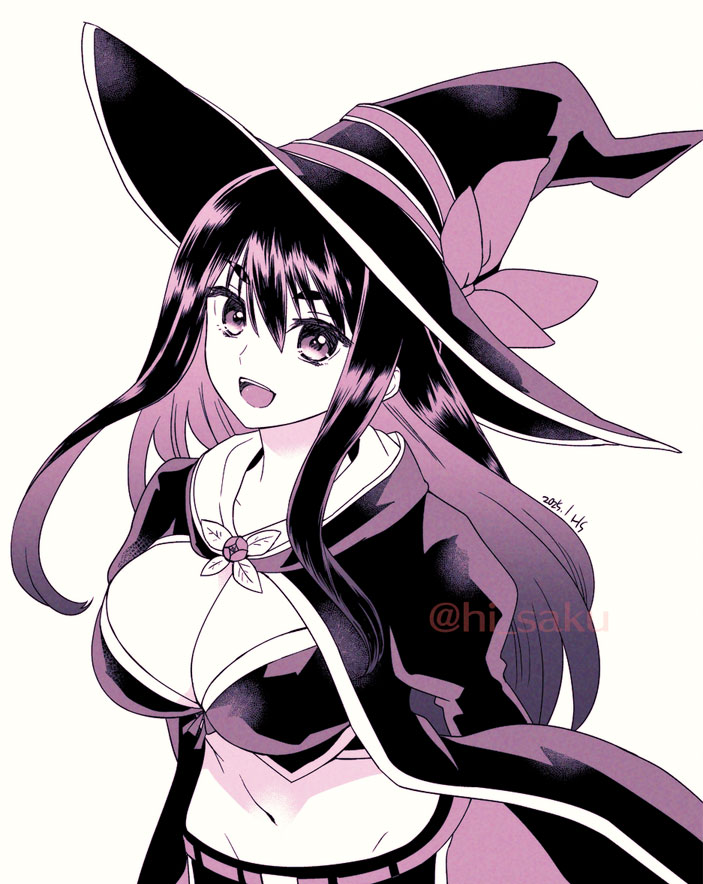 1girl :d breasts cleavage cloak hat hikabe_sakuho hood hooded_cloak idola_avorn large_breasts long_hair looking_at_viewer monochrome open_mouth purple_theme sentai_red_ga_isekai_de_boukensha_ni_naru simple_background smile solo vest witch witch_hat