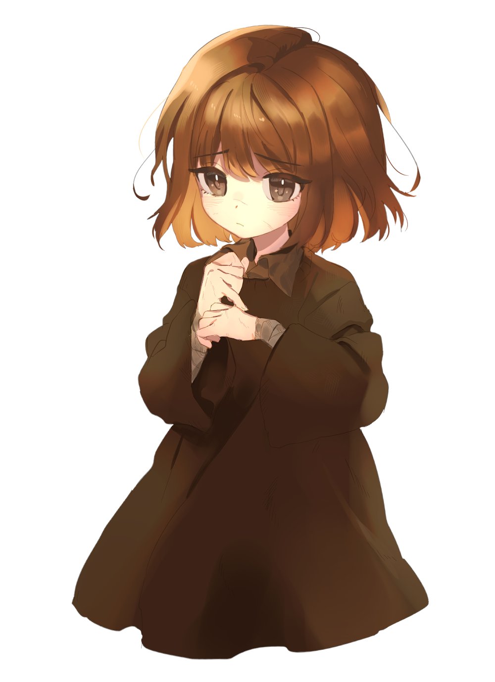 1girl 51x733n bandaged_wrist bandages brown_eyes brown_hair brown_robe child closed_mouth fear_&amp;_hunger_(series) fear_&amp;_hunger_1 highres long_sleeves looking_at_viewer medium_hair own_hands_together robe simple_background solo the_girl_(fear_&amp;_hunger) white_background