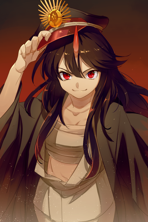 1girl black_coat black_hair black_hat coat echo_(circa) fate/grand_order fate_(series) gradient_background grey_kimono hair_between_eyes hat horns japanese_clothes kimono long_hair looking_at_viewer midriff military_hat navel oda_nobunaga_(fate) oda_nobunaga_(koha-ace) open_clothes open_kimono red_eyes sarashi single_horn smile solo stomach