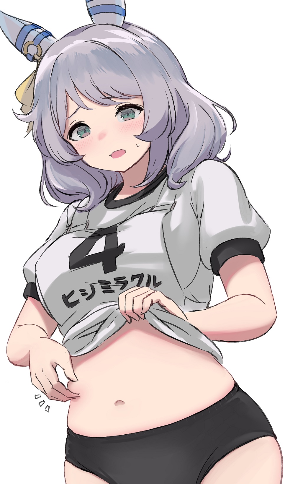 1girl alternate_costume animal_ears belly_grab breasts buruma enumiyaa grey_eyes grey_hair hair_ornament highres hishi_miracle_(umamusume) horse_ears horse_girl medium_breasts navel open_mouth pinching plump simple_background solo stomach sweat umamusume white_background