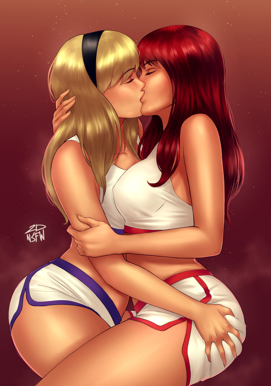 2dswirl 2girls artist_name blonde_hair breast_press breasts closed_eyes commission crop_top french_kiss from_side grabbing_another&#039;s_ass groping gwen_stacy gym_uniform hair_ornament hairband hand_on_another&#039;s_arm hand_on_another&#039;s_head highres hug kiss large_breasts long_hair marvel mary_jane_watson multiple_girls night outdoors red_background red_hair shirt shorts signature simple_background sky spider-man_(series) star_(sky) thighs yuri