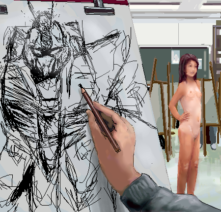 1girl art_class brown_hair ceiling_light char&#039;s_counterattack drawing easel flat_chest gundam hand_on_own_hip indoors long_hair lowres mecha mobile_suit_gundam modeling nude nude_modeling oekaki one-piece_tan pencil re-gz realistic robot sketch standing tan tanline wooden_pencil you&#039;re_doing_it_wrong