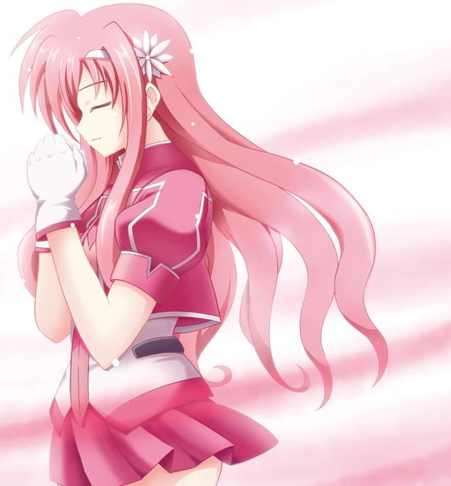 1girl azumaya_hironaru closed_eyes female_focus gloves hairband jacket kyrie_florian long_hair lyrical_nanoha mahou_shoujo_lyrical_nanoha mahou_shoujo_lyrical_nanoha_a&#039;s mahou_shoujo_lyrical_nanoha_a&#039;s_portable:_the_gears_of_destiny own_hands_clasped own_hands_together pink_hair pleated_skirt skirt solo