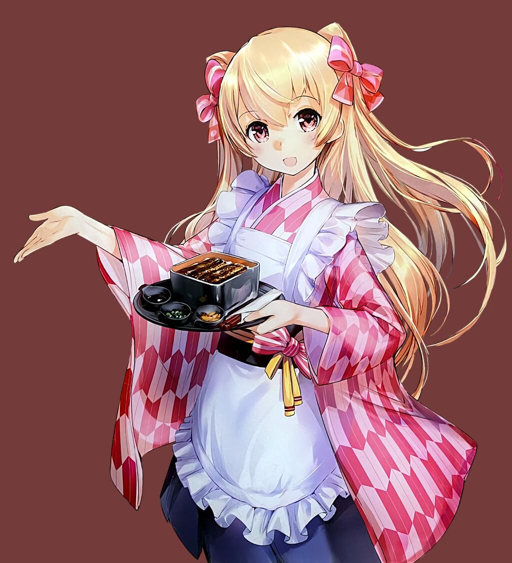 1girl apron breasts brown_background brown_eyes checkered_clothes checkered_kimono chopsticks cowboy_shot fish_(food) food frills grilled_eel hair_ribbon holding holding_tray japanese_clothes johnston_(kancolle) kantai_collection kimono light_brown_hair long_hair looking_at_viewer maid maid_apron medium_breasts official_art open_mouth ribbon scan smile tray two_side_up wa_maid white_apron wide_sleeves zeco