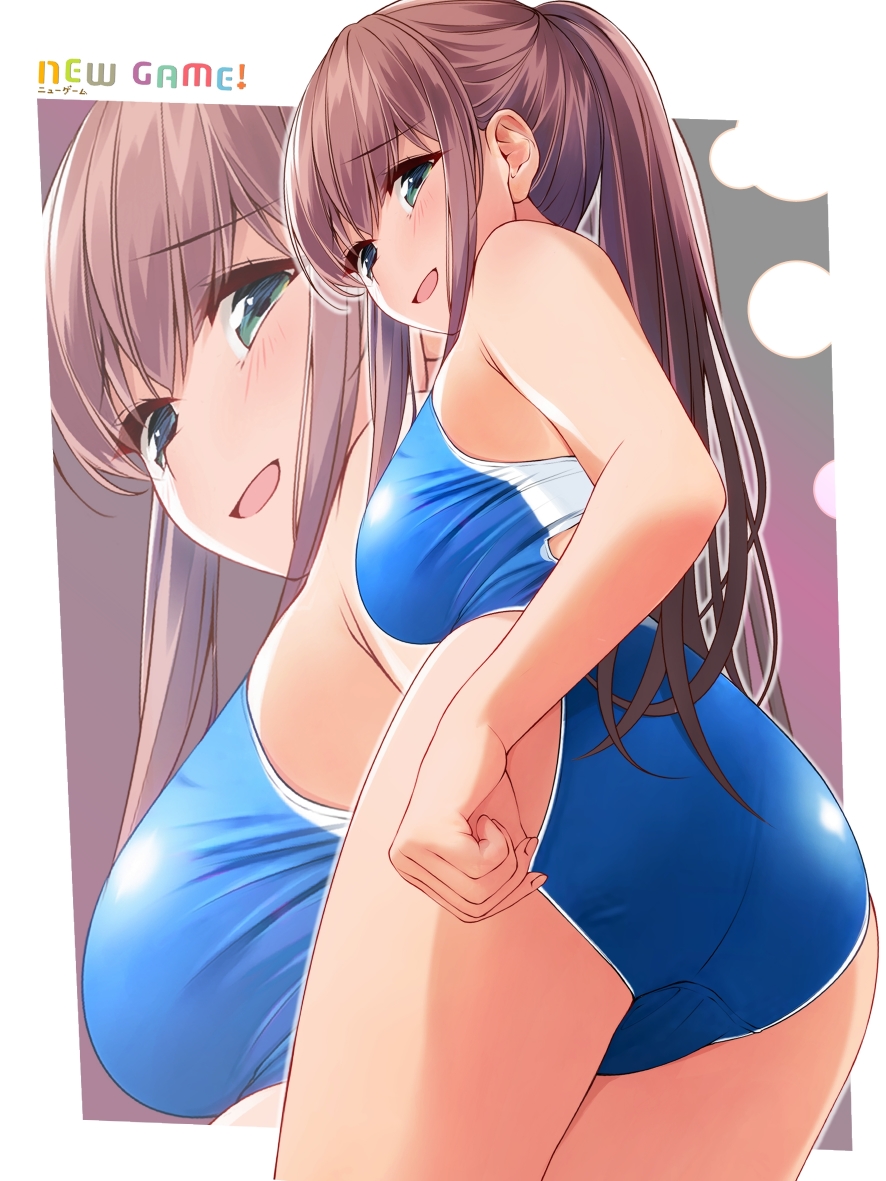 1girl adjusting_clothes adjusting_swimsuit ass breasts brown_hair from_behind green_eyes highres huge_ass large_breasts legs long_hair looking_at_viewer looking_back new_game! one-piece_swimsuit ponytail sideboob smile solo swimsuit takimoto_hifumi thick_thighs thighs tongue