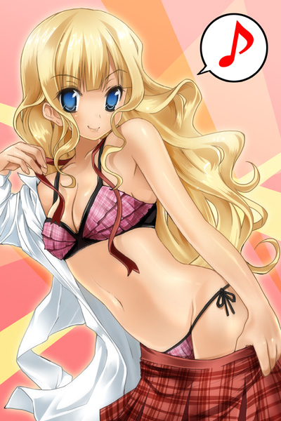 1girl blonde_hair blue_eyes bra breasts cleavage clothes_pull eyes_visible_through_hair lingerie long_hair medium_breasts musical_note navel panties pierre_yoshio quaver shirt shirt_around_one_arm side-tie_panties skirt skirt_pull smile solo speech_bubble spoken_musical_note underwear undressing wavy_hair