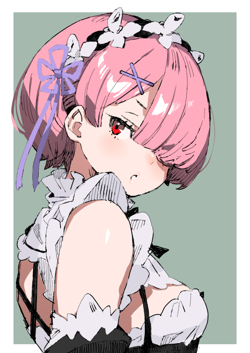 1girl batsuma black_dress border breasts dress green_background hair_ornament highres looking_at_viewer maid maid_headdress parted_lips pink_hair ram_(re:zero) re:zero_kara_hajimeru_isekai_seikatsu red_eyes roswaal_mansion_maid_uniform short_hair small_breasts solo upper_body white_border x_hair_ornament