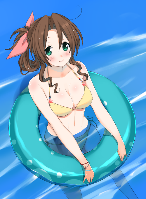 1990s_(style) 1girl aerith_gainsborough bikini blush bow breasts brown_hair cleavage costa_del_sol female_focus final_fantasy final_fantasy_vii from_above green_eyes hair_bow hair_up hamoni innertube krudears looking_at_viewer looking_up navel partially_submerged retro_artstyle side-tie_bikini_bottom smile solo swim_ring swimsuit water