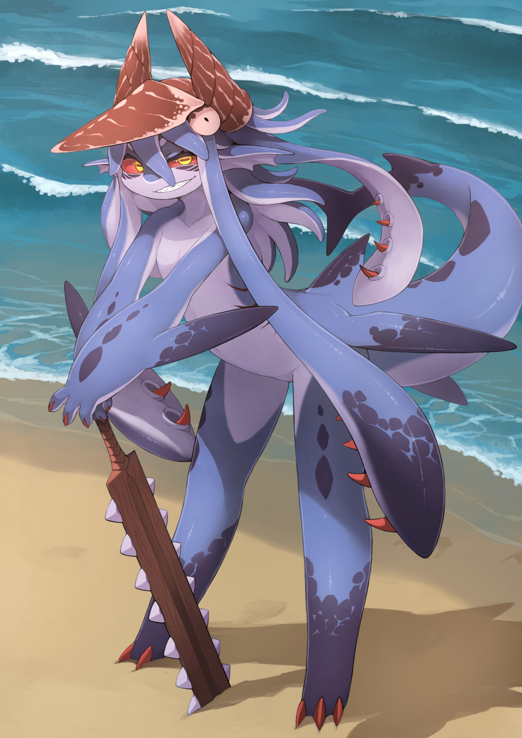 1girl arm_fins beach blue_skin claws colored_sclera colored_skin fake_horns fewer_digits fins fish_tail furry furry_female gills grin hair_between_eyes hat highres horizontal_pupils horned_headwear horns kamukamu6392 leaning_forward looking_at_viewer macuahuitl monster_girl ocean original oversized_forearms oversized_limbs pointy_ears red_sclera shark_girl shark_tail sharp_teeth smile solo spikes standing tail teeth tentacle_hair uneven_eyes water waves weapon yellow_eyes