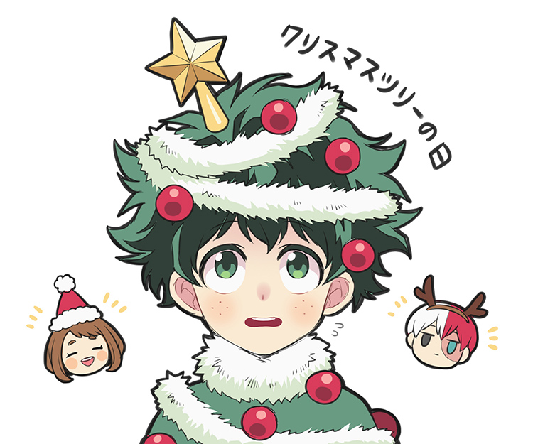 1girl 2boys blue_eyes boku_no_hero_academia brown_hair christmas christmas_ornaments fake_antlers freckles green_eyes green_hair grey_eyes hat heterochromia midoriya_izuku multicolored_hair multiple_boys nightcat red_hair santa_hat star_(symbol) todoroki_shouto two-tone_hair uraraka_ochako white_hair