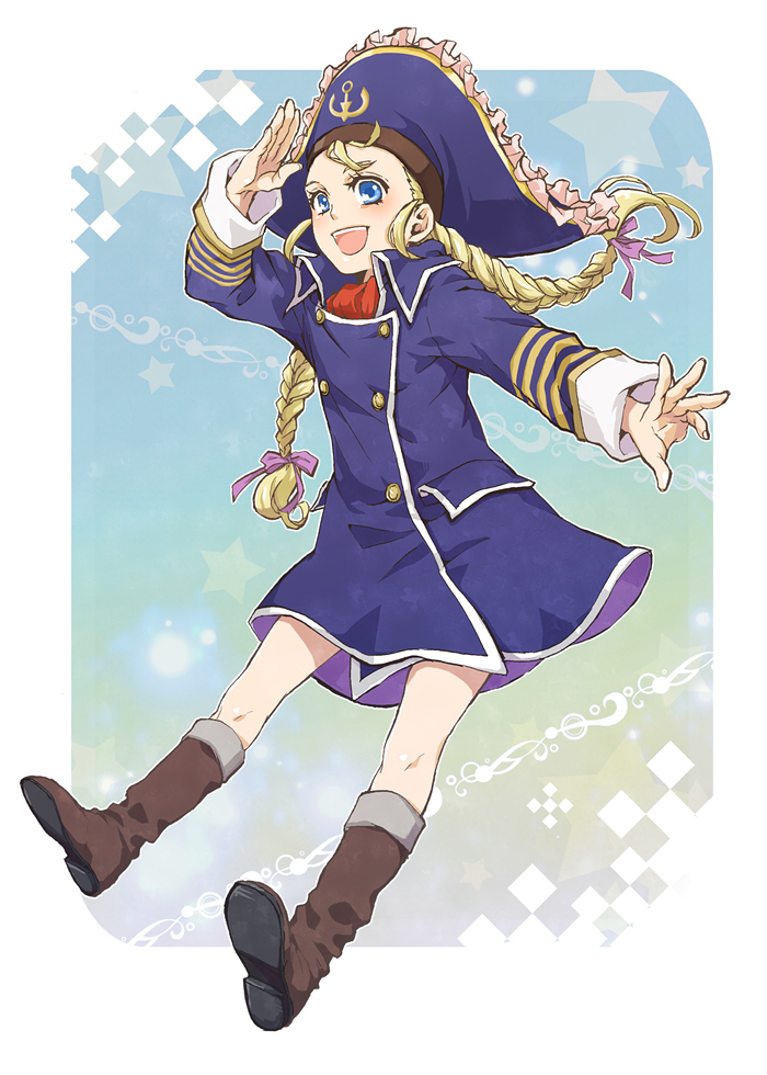 00s 1girl blonde_hair blue_eyes boots braid female_focus hat knee_boots long_hair patty_fleur smile solo tales_of_(series) tales_of_vesperia twin_braids umechiui