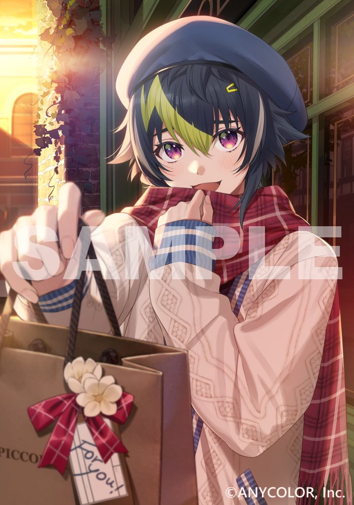 1boy :d bag beret black_hair blue_hat blurry blurry_background blush bow building cardigan commentary_request company_name copyright_notice door flower gift_bag green_hair grey_hair hair_between_eyes hair_ornament hairclip hands_up hat holding holding_bag inami_rai long_sleeves looking_at_viewer male_focus miya_(ete) multicolored_hair nijisanji official_art open_mouth outdoors outstretched_arm plaid_clothes plaid_scarf plant purple_eyes red_bow red_scarf scarf short_hair sleeves_past_wrists smile solo streaked_hair upper_body vines virtual_youtuber white_cardigan white_flower