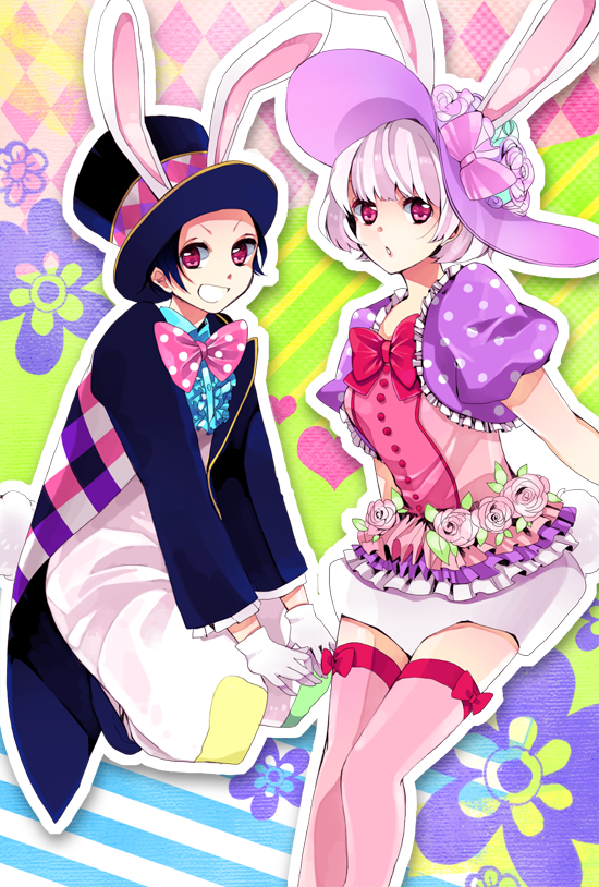 animal_ears black_hair bonne_c bow bowtie rabbit_ears disney easter_wonderland end_bunny_(disney) flower gloves hat mattie purple_hair red_eyes top_hat