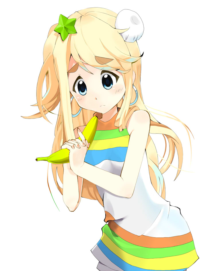 00s 1girl banana blonde_hair blue_eyes dress earrings eyebrows female_focus food fruit fuwafuwa_time holding holding_food holding_fruit jewelry k-on! kotobuki_tsumugi long_hair mod_fashion solo uei_aou