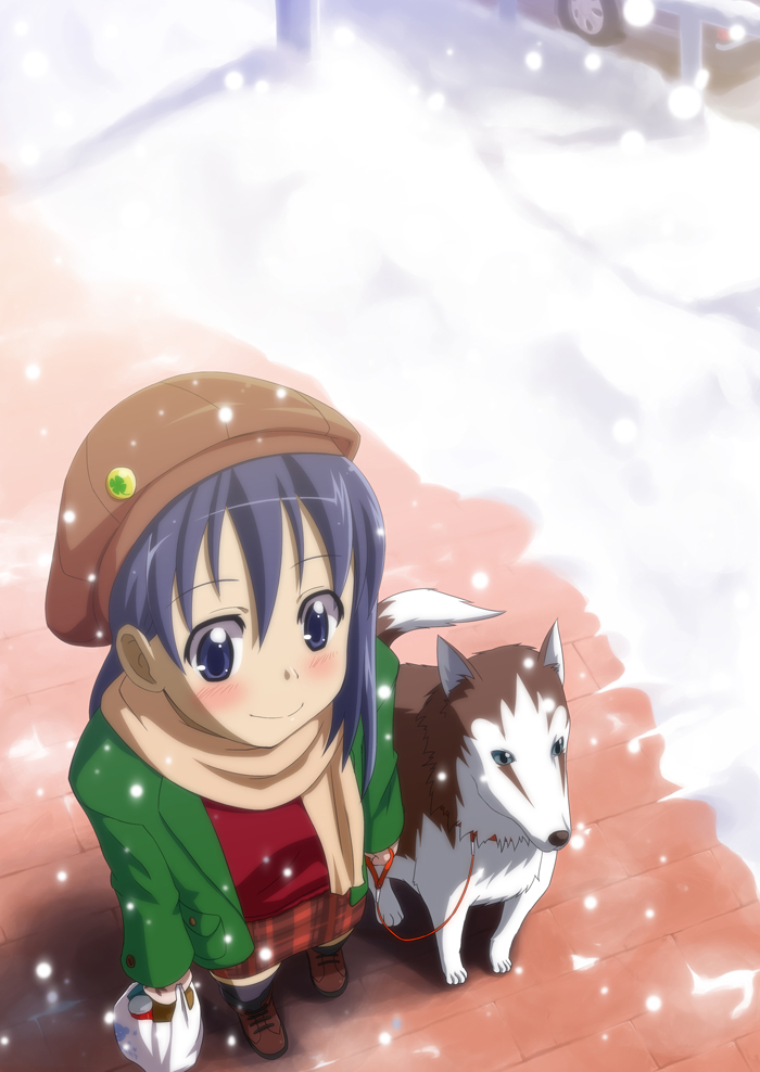 1girl ardnades bag blue_eyes blue_hair blush dog female_focus from_above jacket long_hair open_clothes open_jacket original outdoors scarf shopping_bag smile snow snowing solo winter_clothes