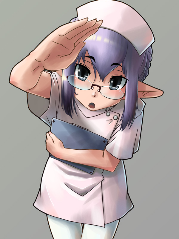 00s black_eyes braid crown_braid elf elvaan final_fantasy final_fantasy_xi glasses hat long_hair nurse pantyhose pink_hat pointy_ears prishe purple_hair solo tara_baka_ni white_pantyhose