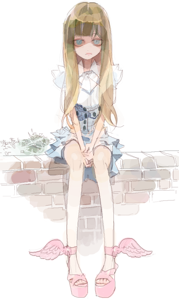 1girl amiami blonde_hair blue_eyes derivative_work dress female_focus full_body lolita_fashion long_hair looking_at_viewer original petite photo-referenced short_dress sitting solo