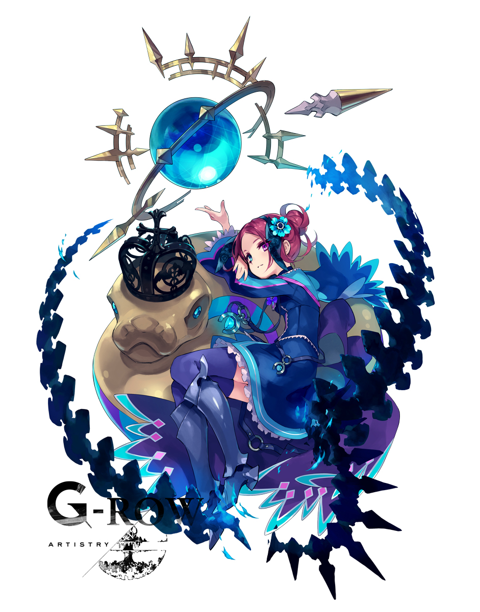 1girl black_crown_(object) blue_dress blue_eyes blue_flower blue_socks breasts closed_mouth crown da-kuro dress flower full_body hair_bun hair_flower hair_ornament heterochromia highres kerykeion_(phantom_of_the_kill) looking_at_viewer lying official_art orb phantom_of_the_kill purple_eyes purple_hair shoes single_hair_bun skirt small_breasts snake socks solo thighhighs white_background