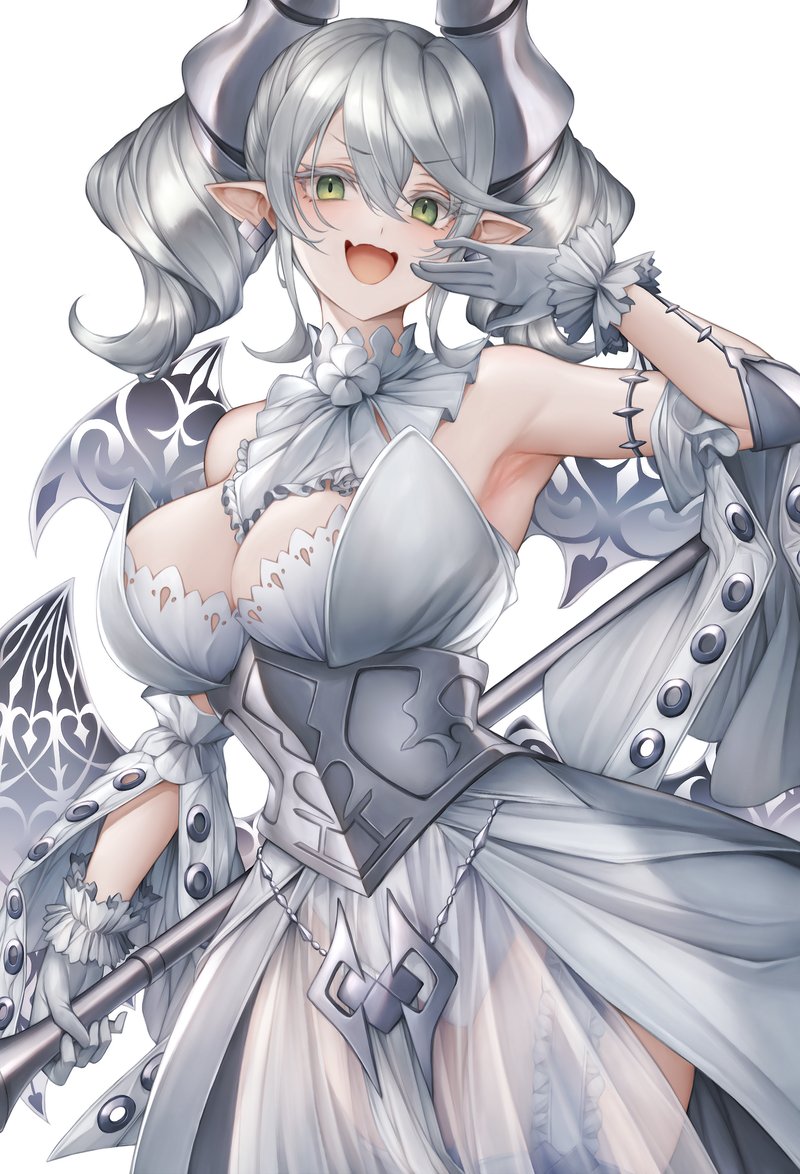 1girl breasts cleavage cowboy_shot demon_girl demon_horns demon_wings dress duel_monster fang gloves green_eyes holding holding_polearm holding_weapon horns large_breasts leotard leotard_under_clothes looking_at_viewer lovely_labrynth_of_the_silver_castle low_wings pointy_ears polearm smile snm_(sunimi) solo twintails weapon white_background white_hair white_horns wings yu-gi-oh!