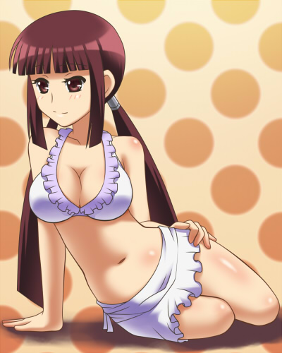 00s 1girl arm_support awa bare_shoulders bikini blunt_bangs breasts brown_eyes brown_hair cleavage female_focus frilled_bikini frills hand_on_own_hip hip_focus kanamemo large_breasts long_hair lowres minami_yuuki navel sitting smile solo swimsuit twintails