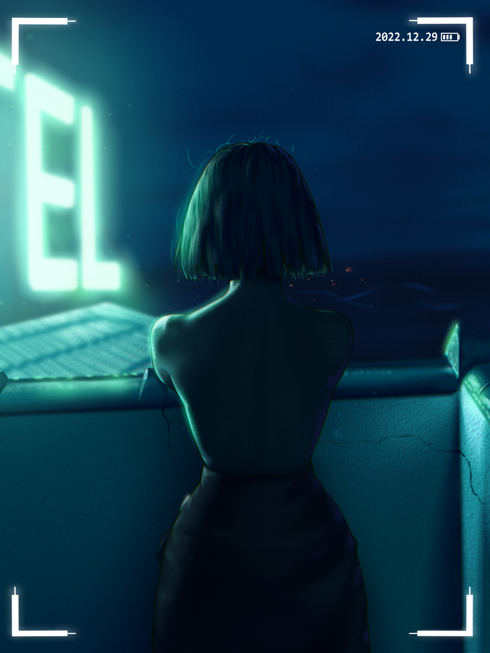 1girl a.x. battery_indicator black_hair black_skirt bob_cut from_behind highres neon_lights night on_roof original outdoors short_hair skirt solo topless viewfinder