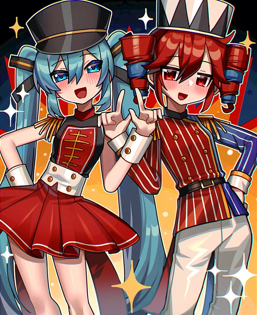 2girls belt black_hat black_shirt blue_eyes blue_hair blue_shirt candycookiechocolate_(vocaloid) double-parted_bangs drill_hair hair_between_eyes hand_on_own_hip hand_up hat hatsune_miku index_finger_raised kakosa_sama kasane_teto kepi long_hair long_sleeves making-of_available military_hat multicolored_shirt multiple_girls open_mouth pants pinstripe_pattern red_hair red_shirt red_skirt shirt shoulder_boards skirt sleeveless sleeveless_shirt sleeves_past_elbows tongue twin_drills twintails utau very_long_hair vocaloid white_hat white_pants white_wrist_cuffs wrist_cuffs yellow_background